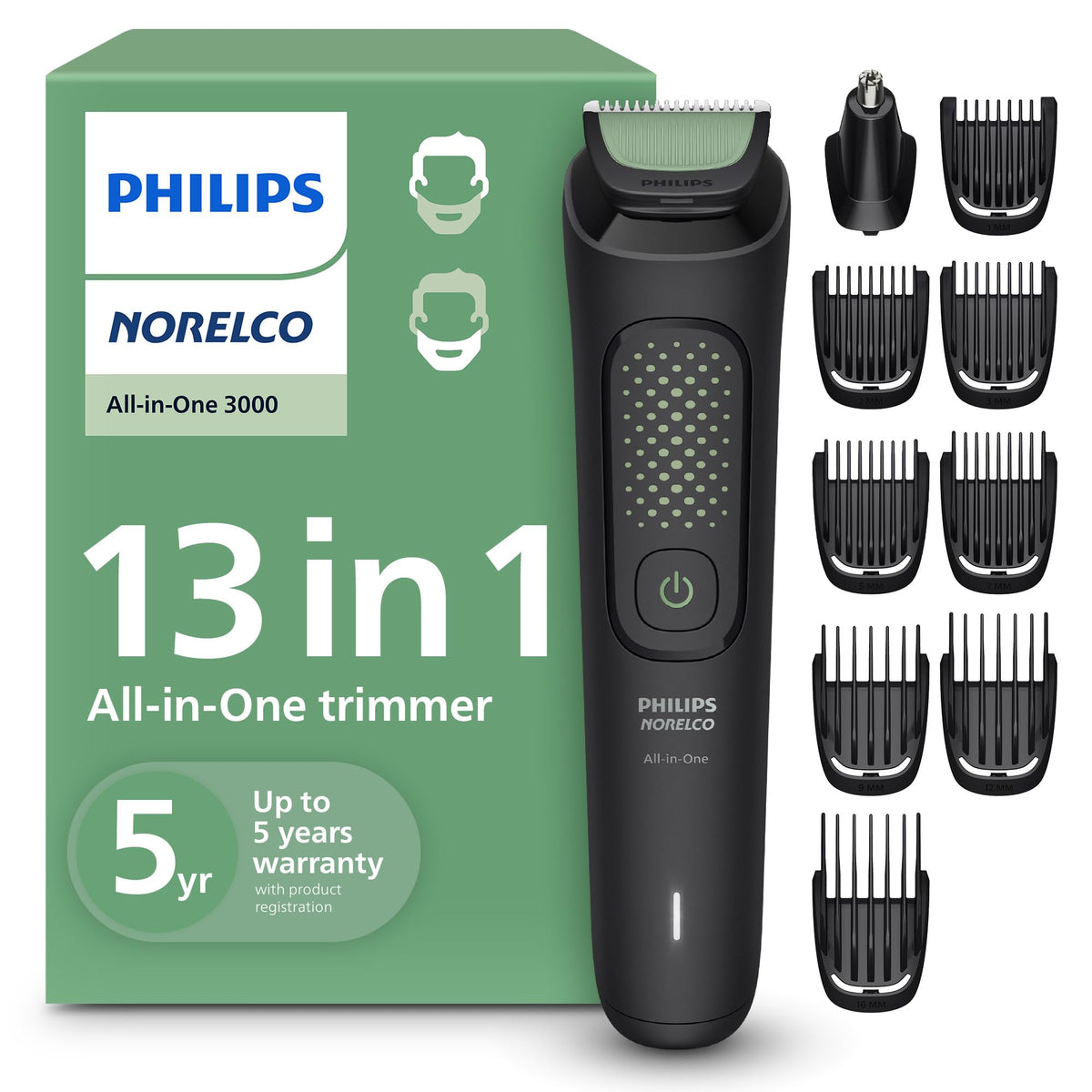 Norelco All-in-One 3000 Trimmer with attachments laid out