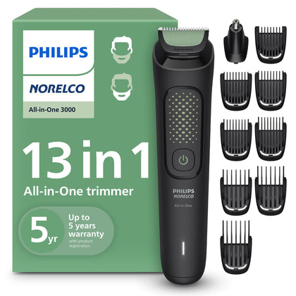 Norelco All-in-One 3000 Trimmer with attachments laid out