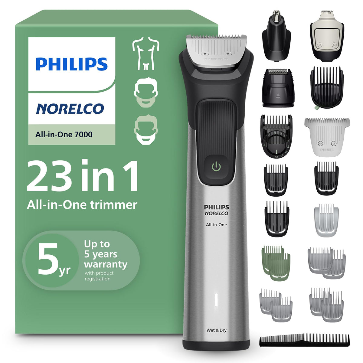 Norelco All-in-One 7000 Trimmer front view with attachments