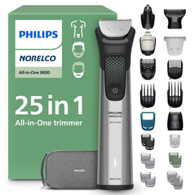 Norelco All-in-One 9000 Trimmer front view with attachments