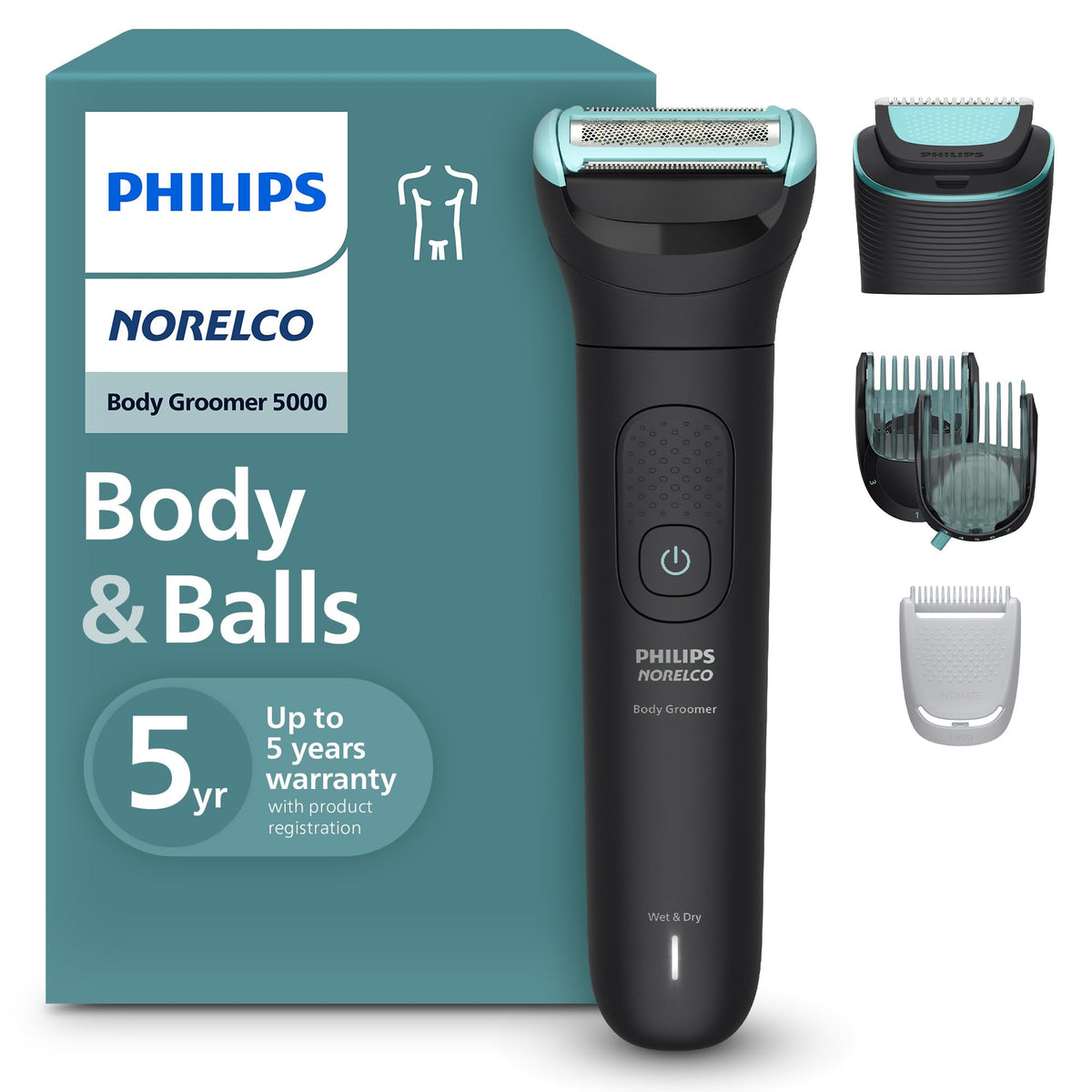 Norelco Body Groomer 5000 Series front view with interchangeable heads