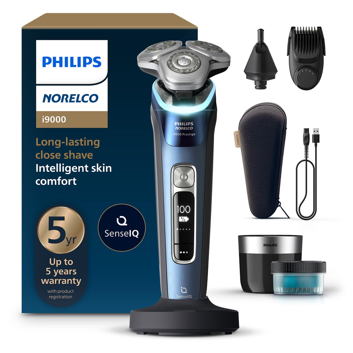 Norelco i9000 Prestige Electric Shaver front view in Adriatic Blue