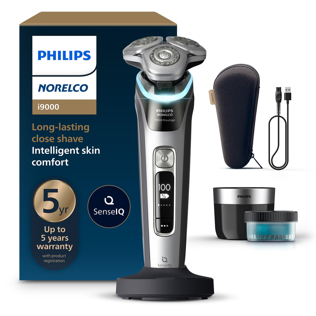 Norelco i9000 Prestige Electric Shaver front view in dark slate