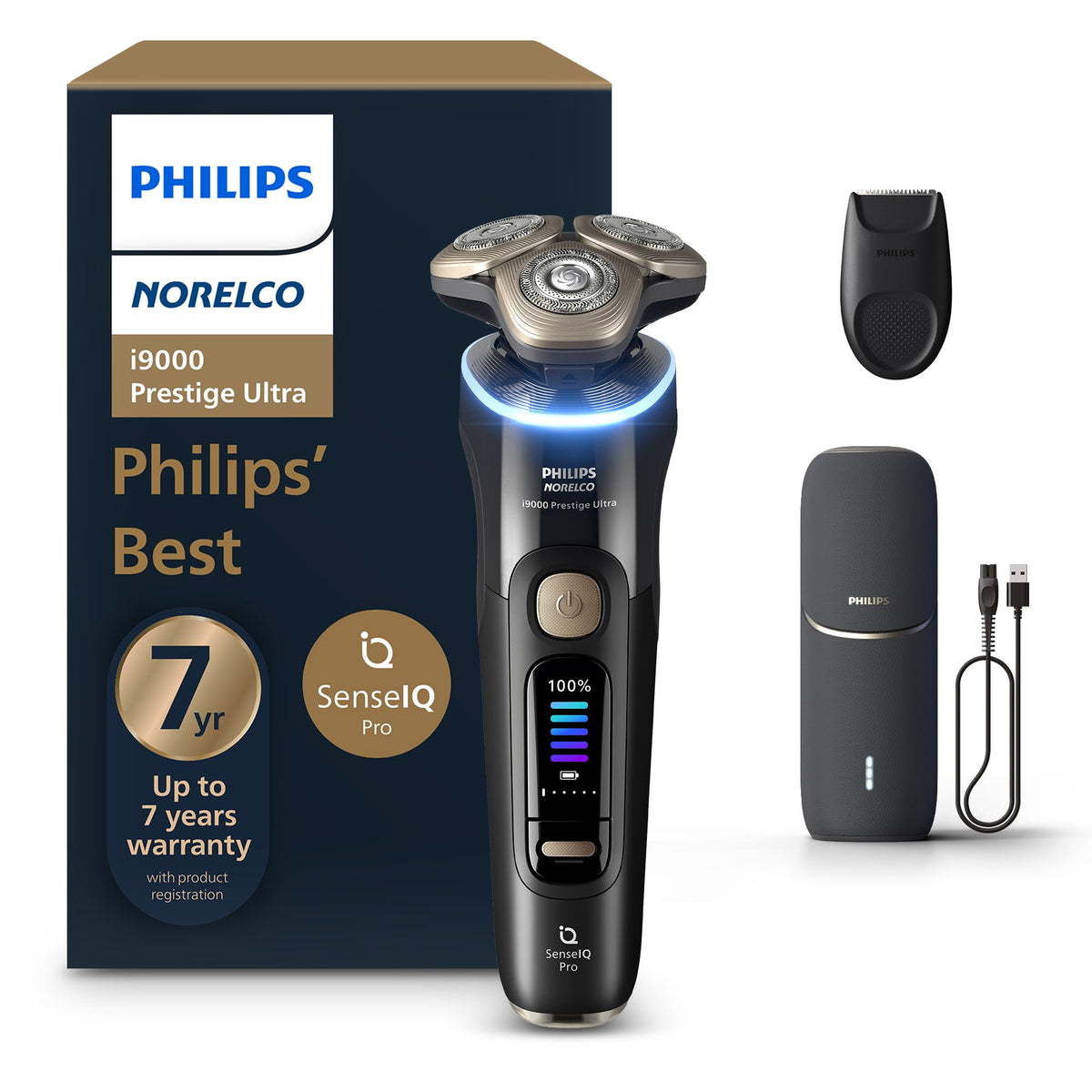 Norelco i9000 Prestige Electric Shaver front view in Ink Black