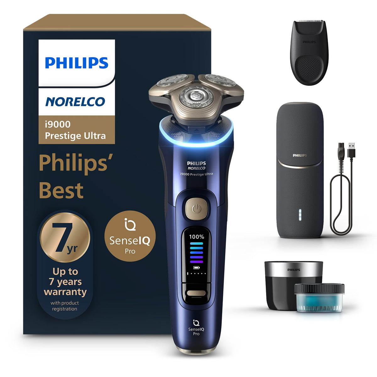 Norelco i9000 Prestige Electric Shaver front view with precision flexing heads