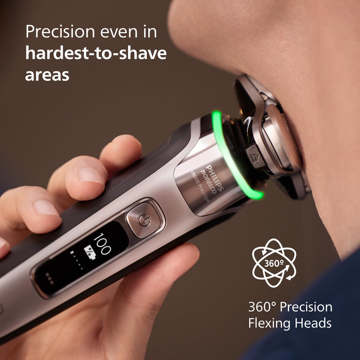 Norelco i9000 Prestige Electric Shaver showing 360° Precision Flexing Heads