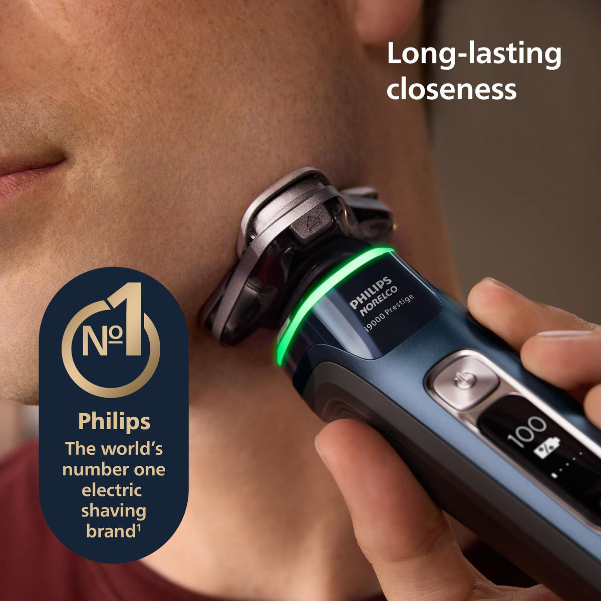 Norelco i9000 Prestige Electric Shaver side view showcasing precision blades