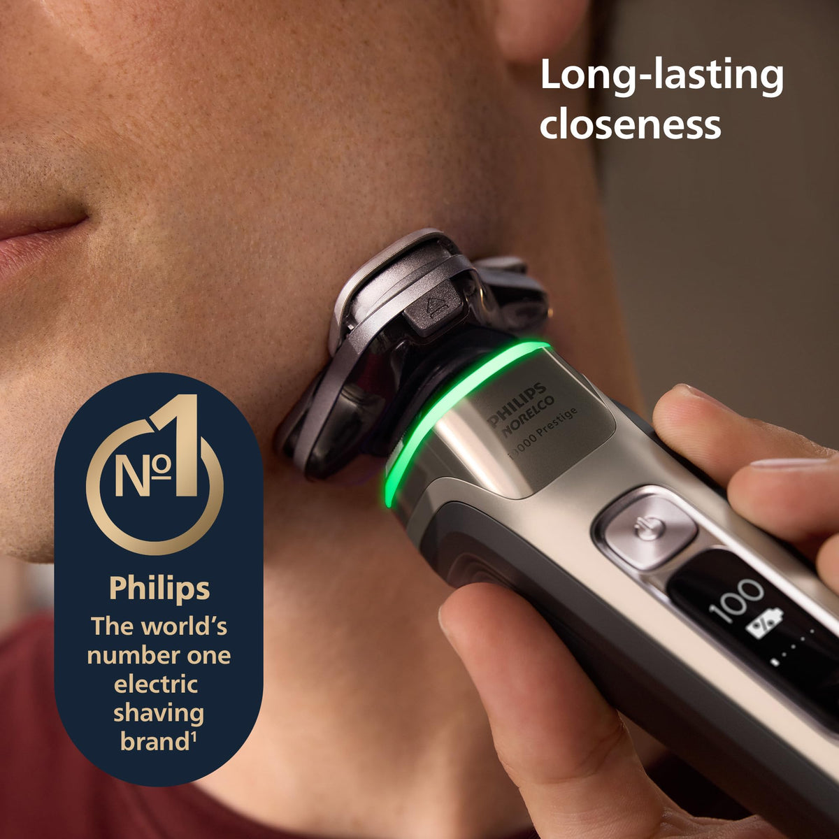 Norelco i9000 Prestige Electric Shaver side view showing 360° flexing heads