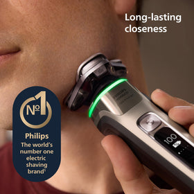 Norelco i9000 Prestige Electric Shaver side view showing 360° flexing heads