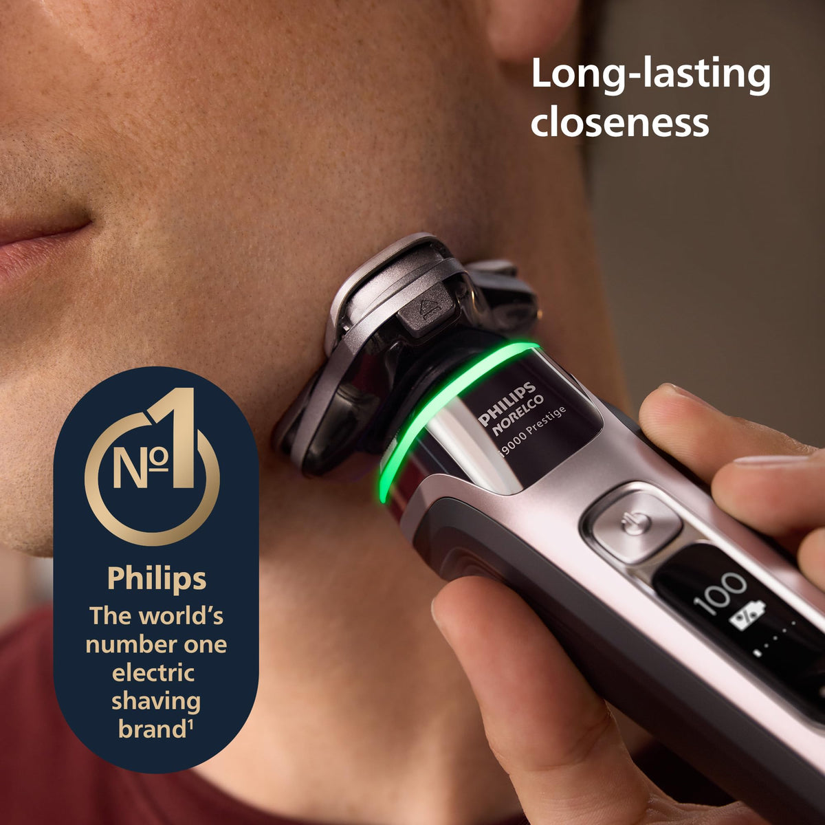 Norelco i9000 Prestige Electric Shaver side view with charging stand