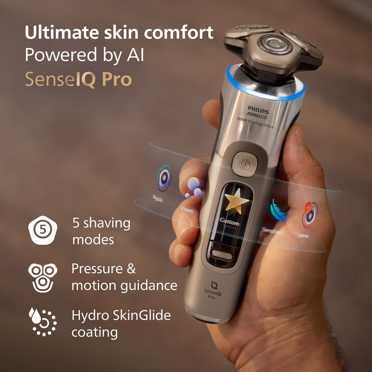 Norelco i9000 Prestige Ultra Electric Shaver close-up of Hydro SkinGlide Coating
