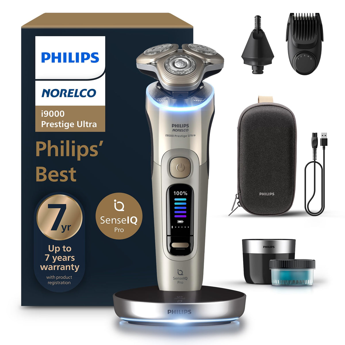 Norelco i9000 Prestige Ultra Electric Shaver front view in White Gold