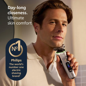 Norelco i9000 Prestige Ultra Electric Shaver side view showcasing precision heads