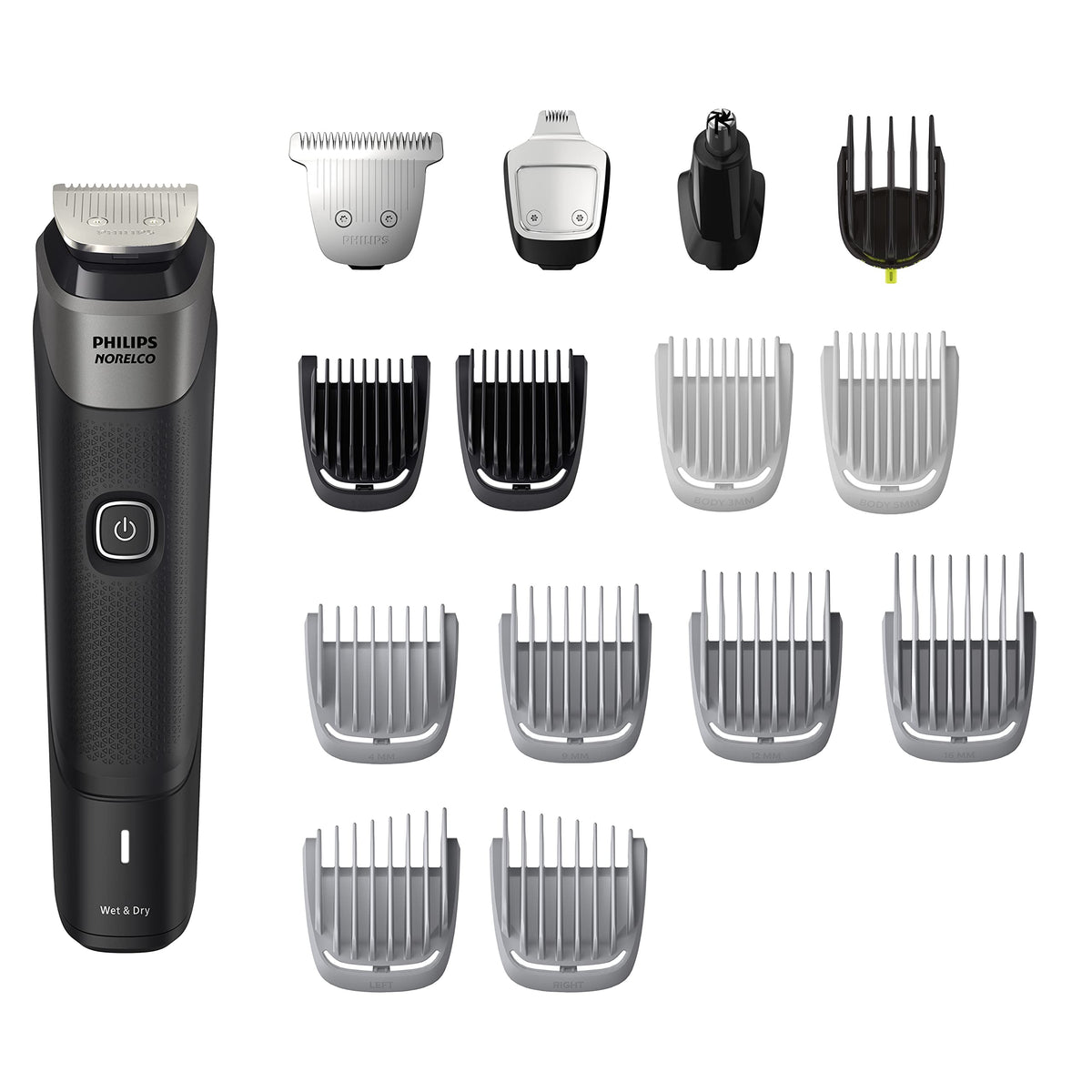 Norelco Multigroom 5000 Series front view with all attachments