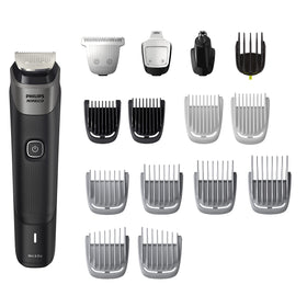 Norelco Multigroom 5000 Series front view with all attachments