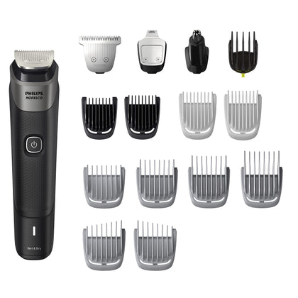 Norelco Multigroom 5000 Series front view with all attachments