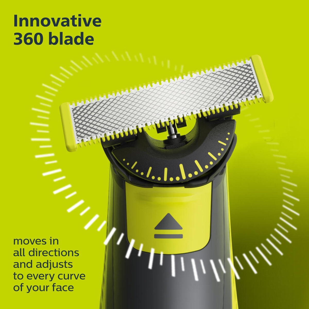 Norelco OneBlade 360 blades displayed with trimmer