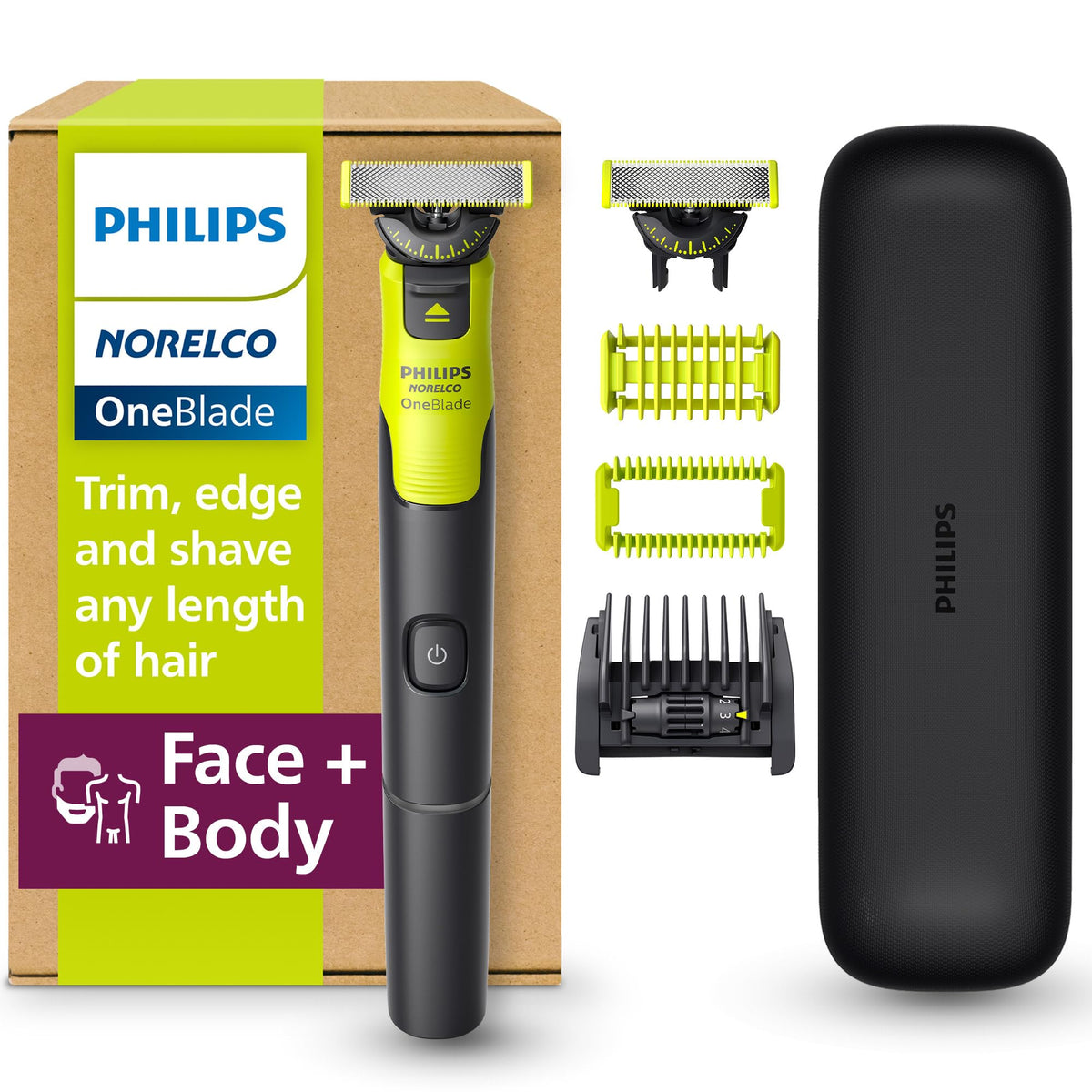 Norelco OneBlade 360 Hybrid Face + Body trimmer kit front view