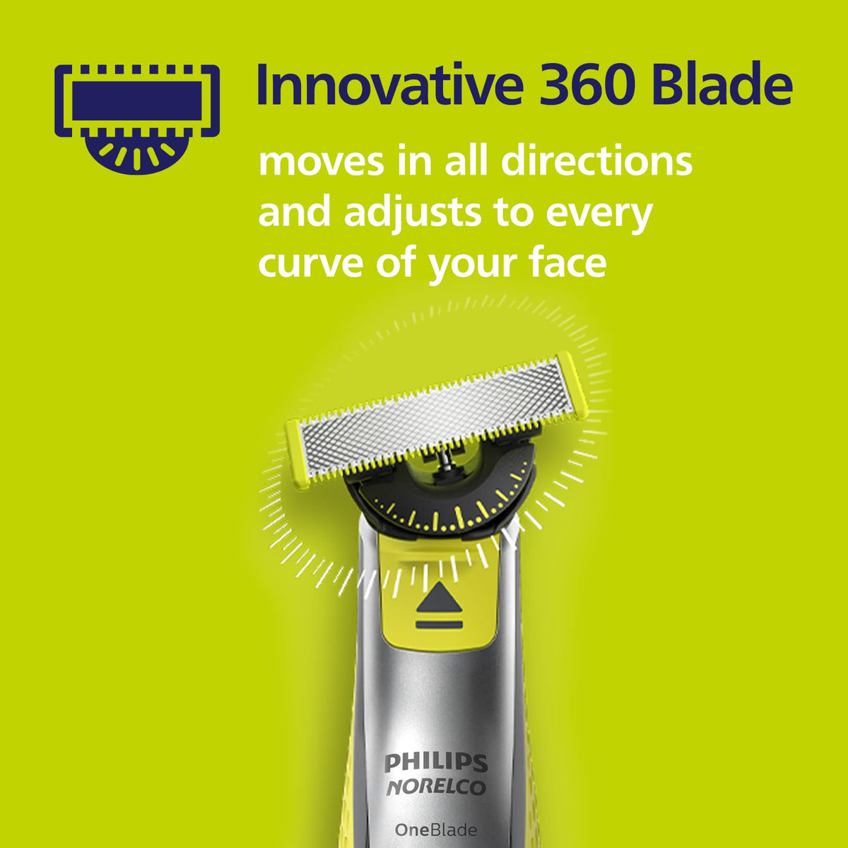 Norelco OneBlade 360 Replacement Blades displayed on a bathroom counter