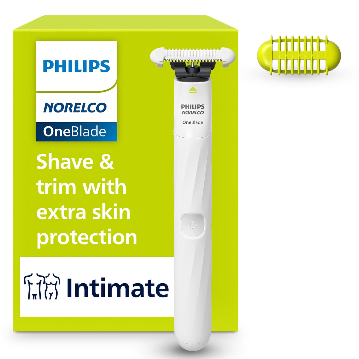 Norelco OneBlade Intimate Trimmer front view with SkinProtect blade