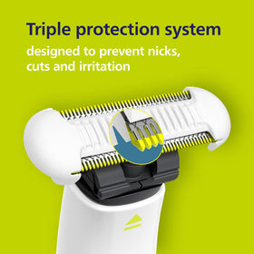 Norelco OneBlade Skin Protect Replacement Blades showing dual-sided feature