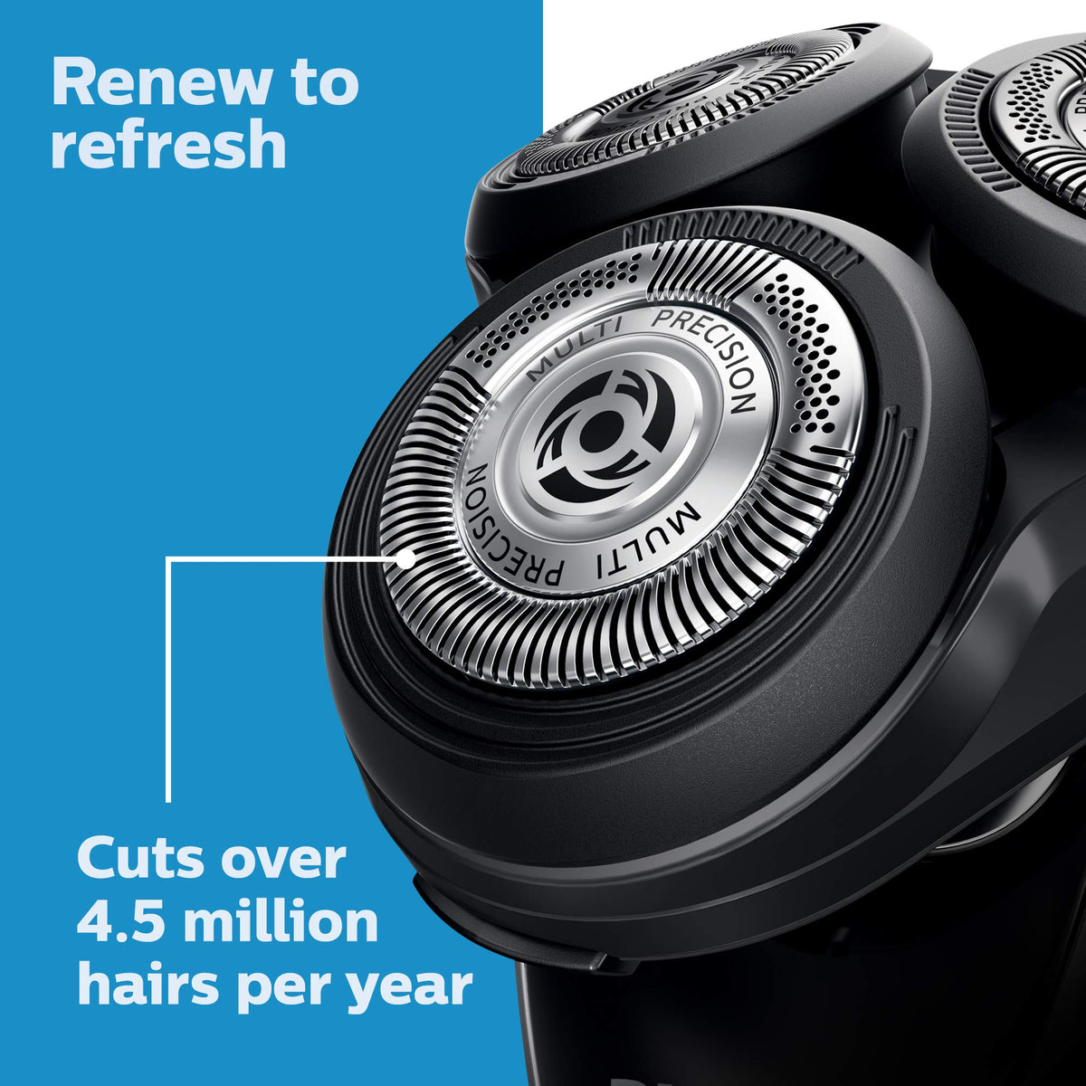 Norelco replacement heads displayed with electric shaver