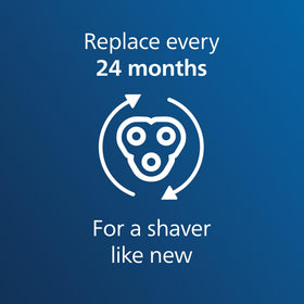 Norelco replacement heads in a lifestyle setting on a bathroom counter