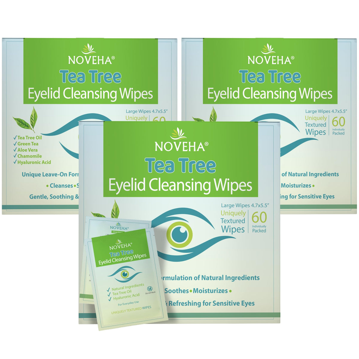 NOVEHA 180PCs Tea Tree Oil Eyelid & Lash Wipes packaging front view