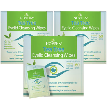 NOVEHA 180PCs Tea Tree Oil Eyelid & Lash Wipes packaging front view