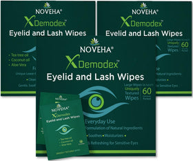 NOVEHA Eyelid & Lash Wipes box front view with 360 individually wrapped wipes
