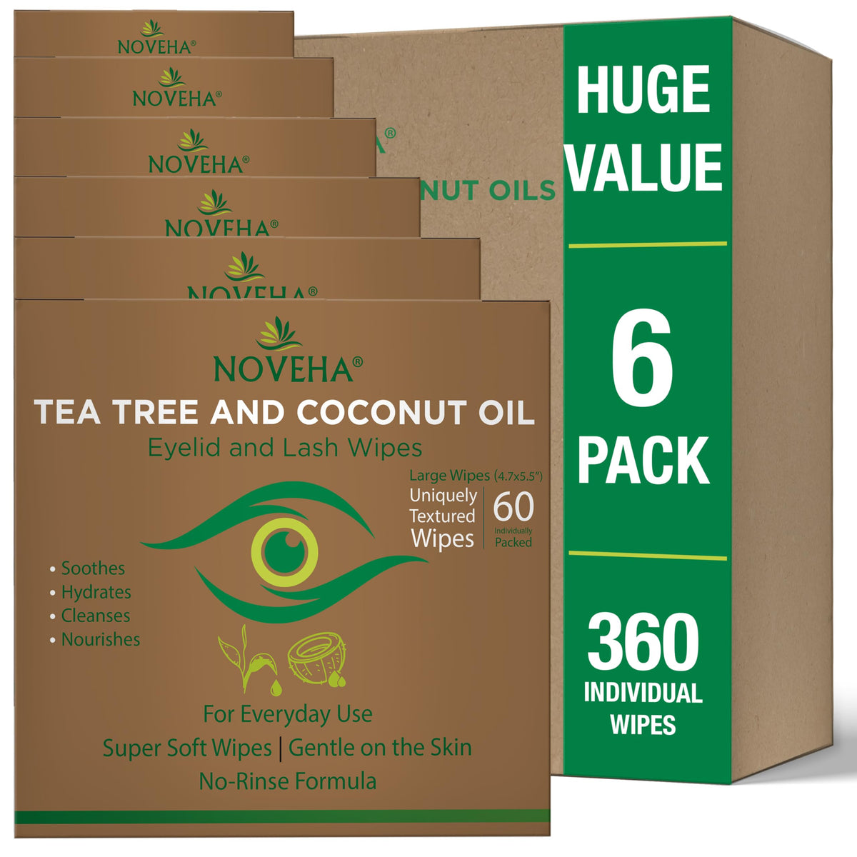 NOVEHA Tea Tree & Coconut Oil Eyelid & Lash Wipes box front view