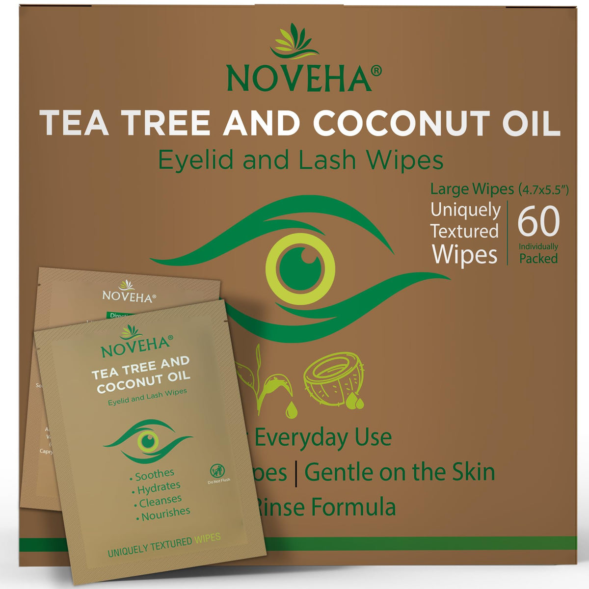 NOVEHA Tea Tree & Coconut Oil Eyelid & Lash Wipes package front view