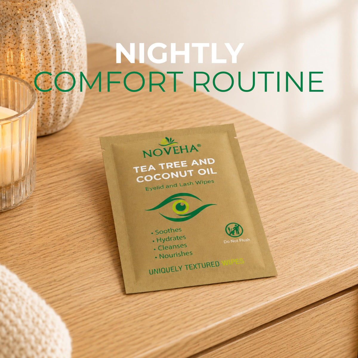 NOVEHA Tea Tree & Coconut Oil Eyelid & Lash Wipes packaging side view