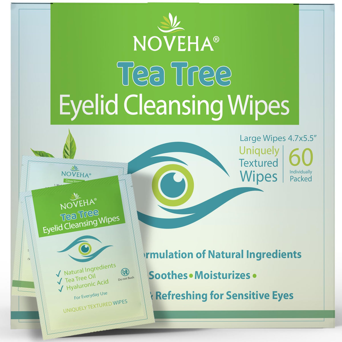 NOVEHA Tea Tree Oil Eyelid & Lash Wipes 60PCs packaging front view