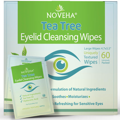 NOVEHA Tea Tree Oil Eyelid & Lash Wipes 60PCs packaging front view