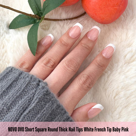 NOVO OVO Baby Pink nail tips displayed with builder gel and glue