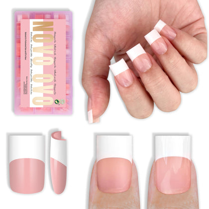 NOVO OVO Baby Pink Short Square French Tip Nail Tips front view