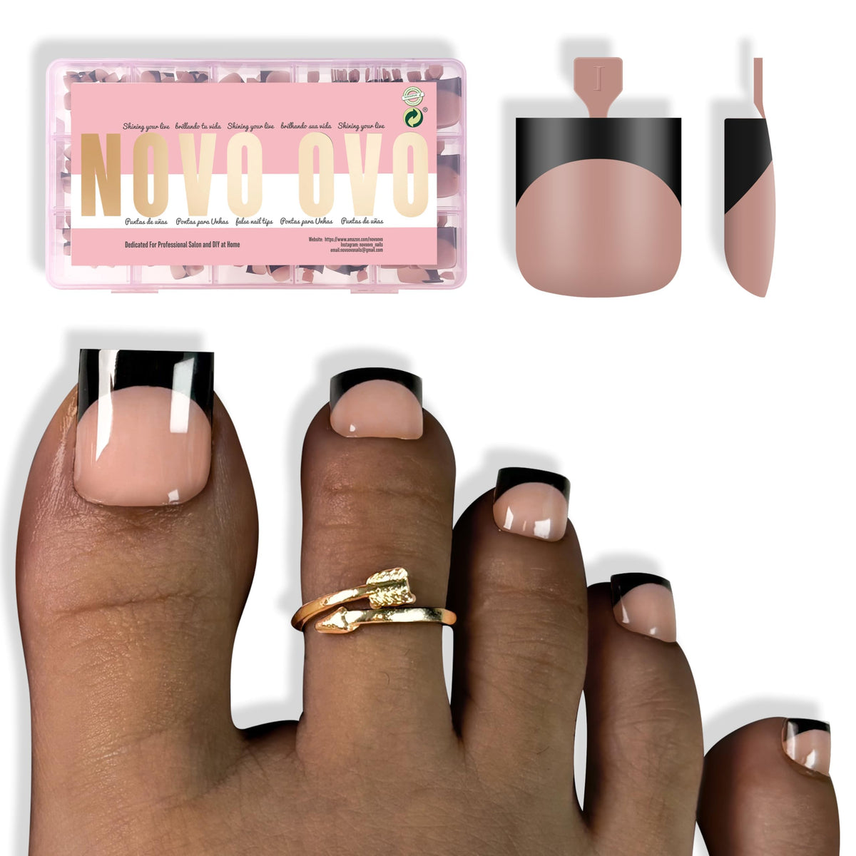 NOVO OVO Black French Tip Toenail Tips front view