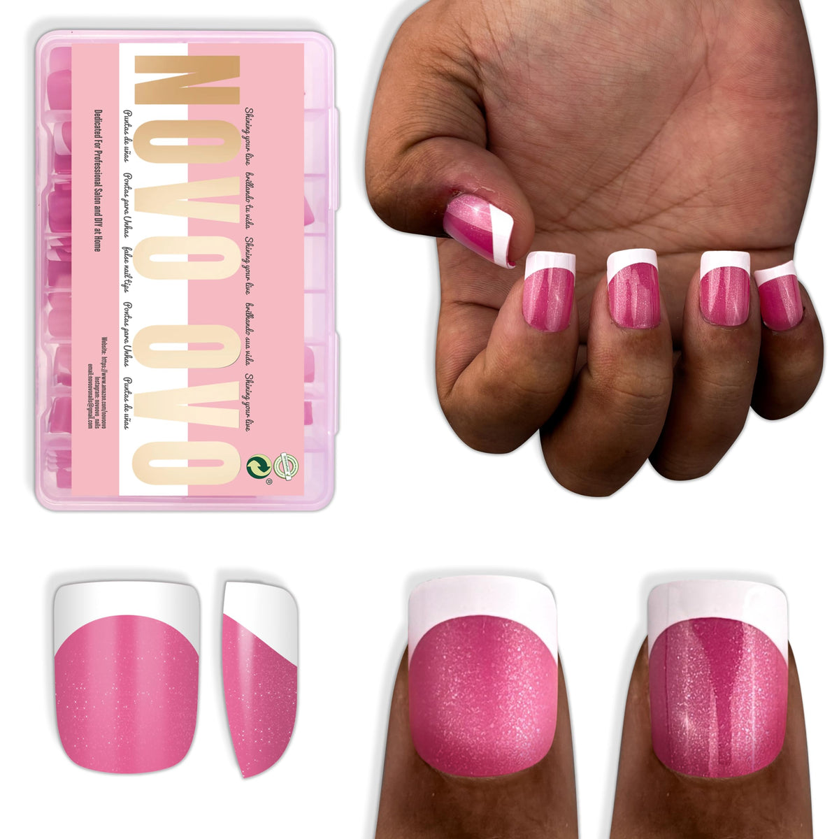 NOVO OVO Extra Short French Tip Nail Tips Rose Pink front view