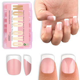 NOVO OVO Extra Short White French Tip Nail Tips in Baby Pink front view