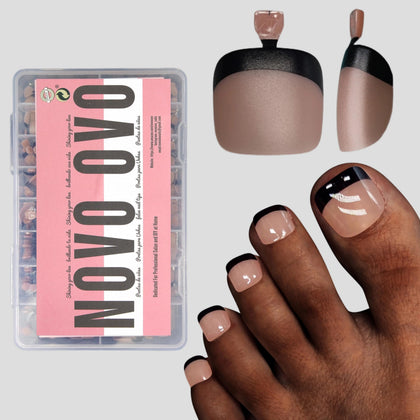 NOVO OVO Fake Toe Nail Tips black French tip design front view