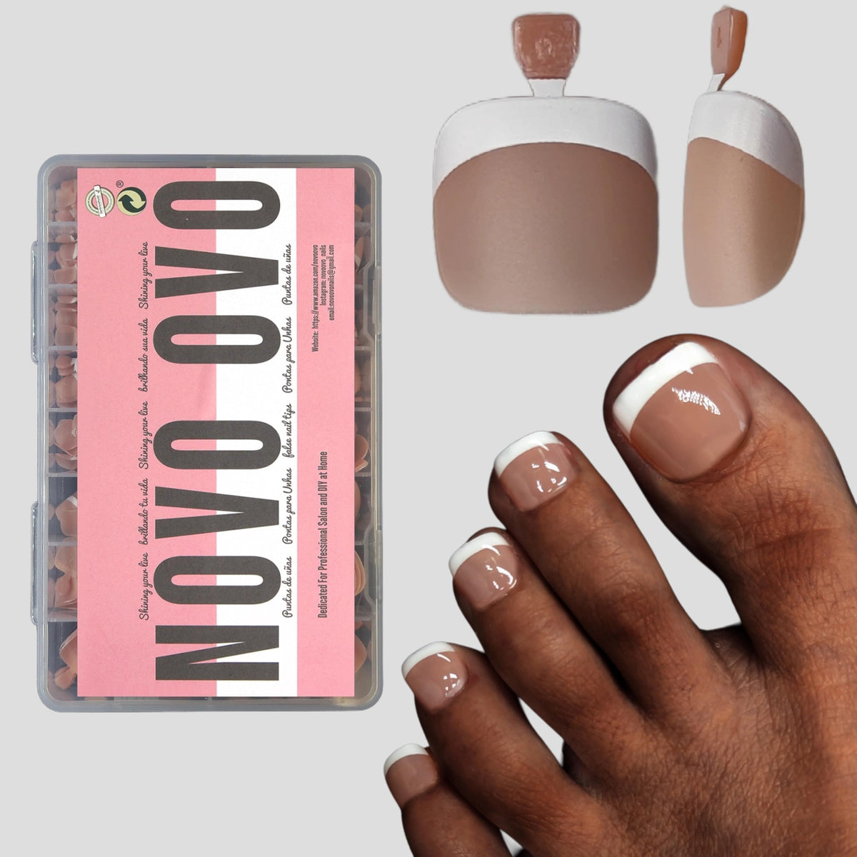 NOVO OVO Fake Toe Nail Tips front view with French tip design