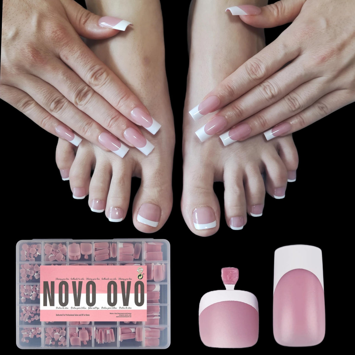 NOVO OVO French Tip Matching Press on Nail Tips Set in Berry Pink