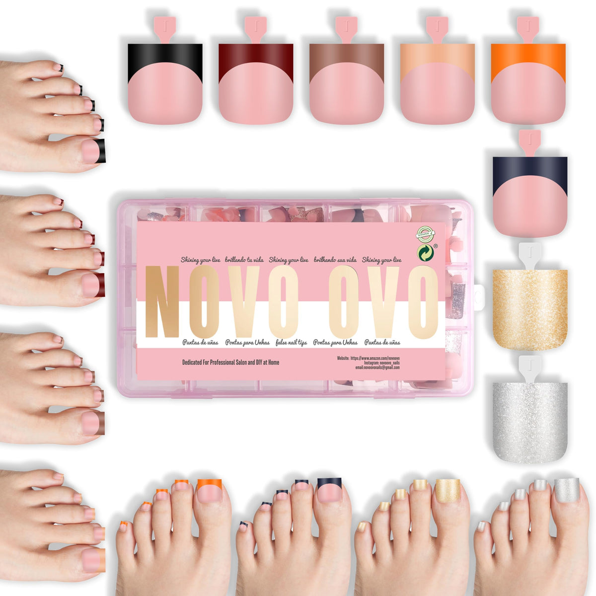 NOVO OVO French Tip Toe Nail Tips set with 8 mixed winter colours