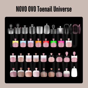 NOVO OVO Ombre toenail tips displayed with nail glue and tools