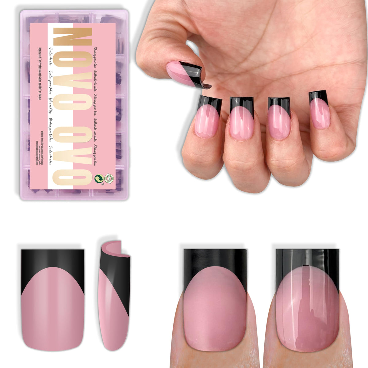NOVO OVO Short Sharp Square Black French Tip Nail Tips front view