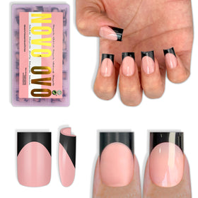NOVO OVO Short Sharp Square Black French Tip Nail Tips front view