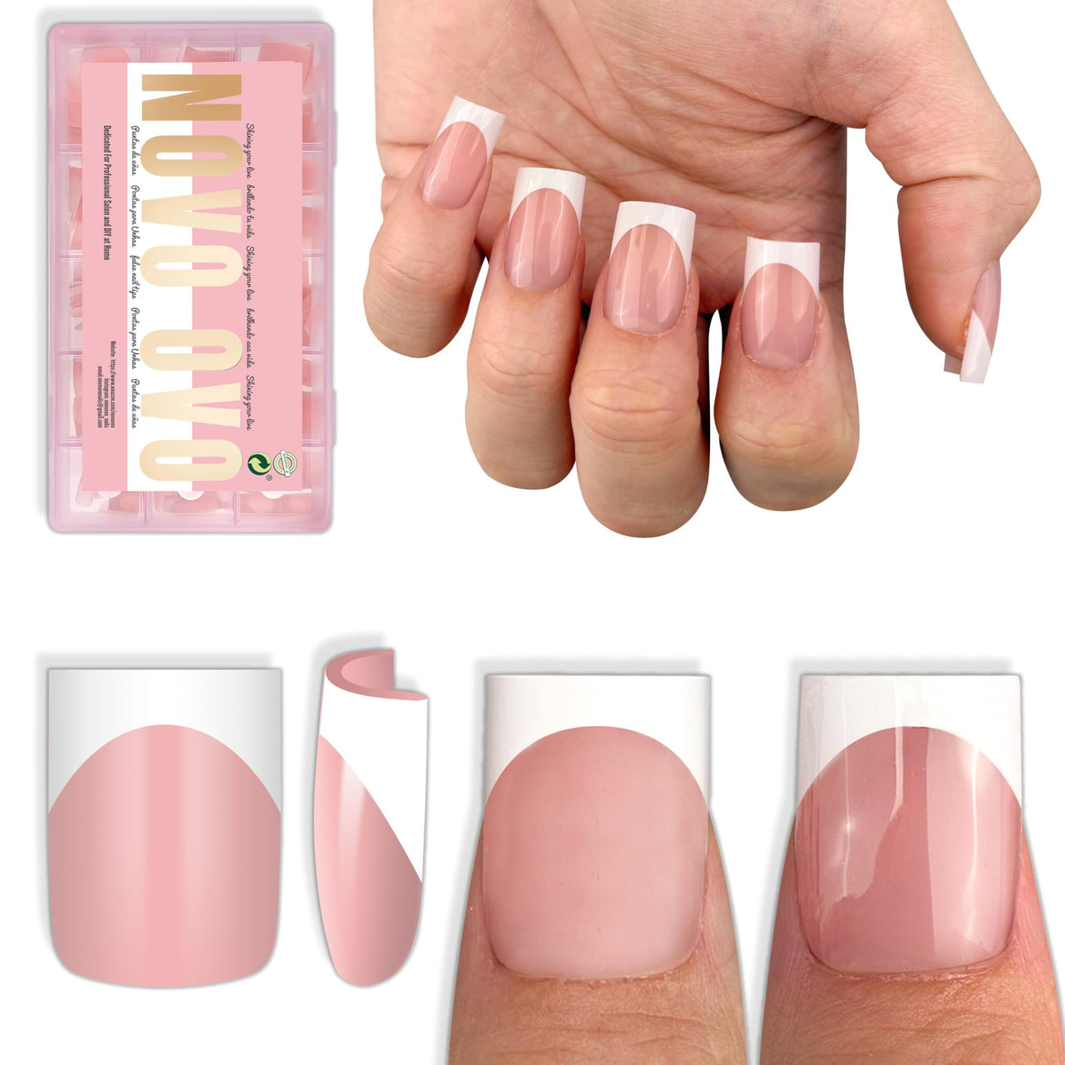 NOVO OVO Short Sharp Square French Tip Nail Tips in baby pink front view