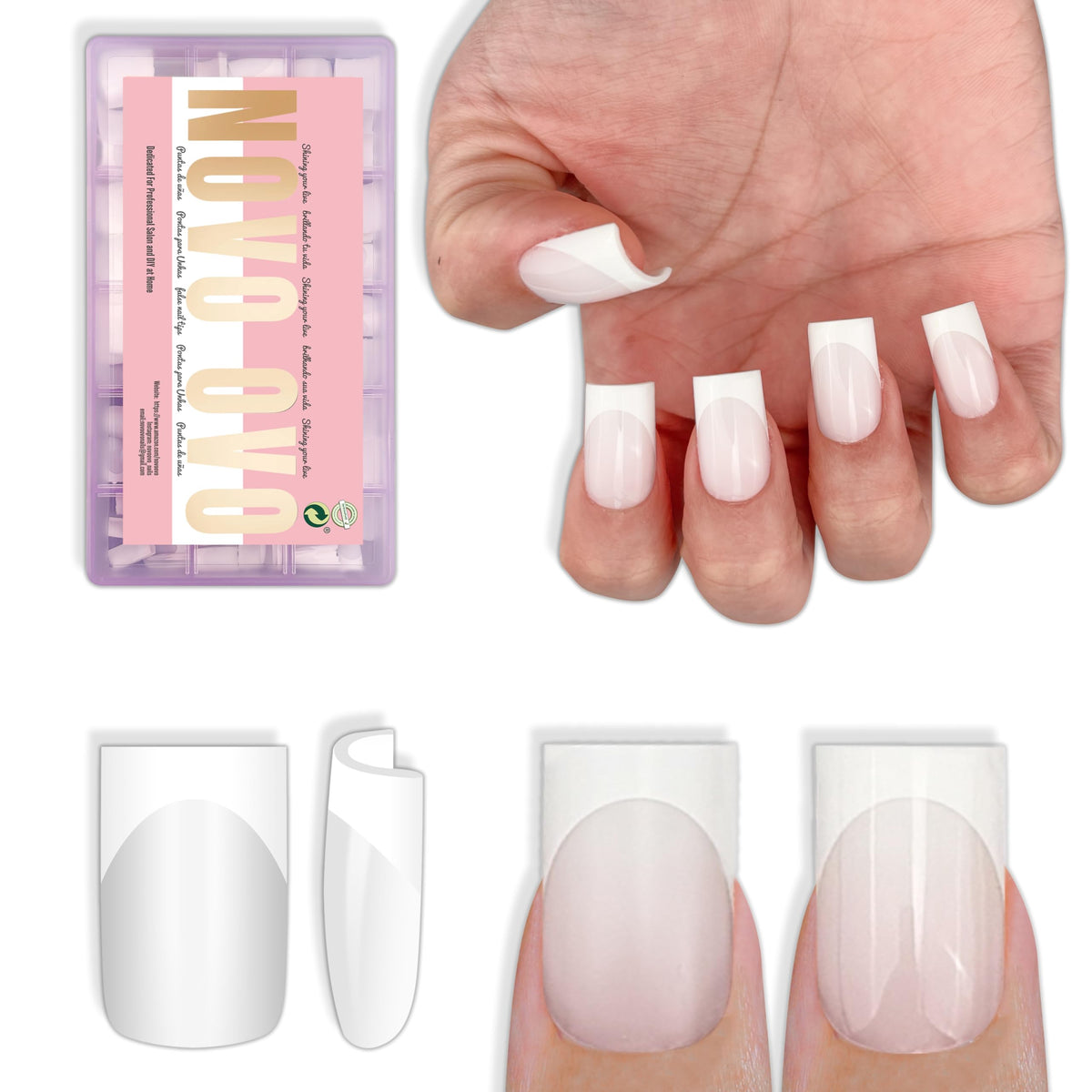 NOVO OVO Short Sharp Square White French Tip Nail Tips packaging front view