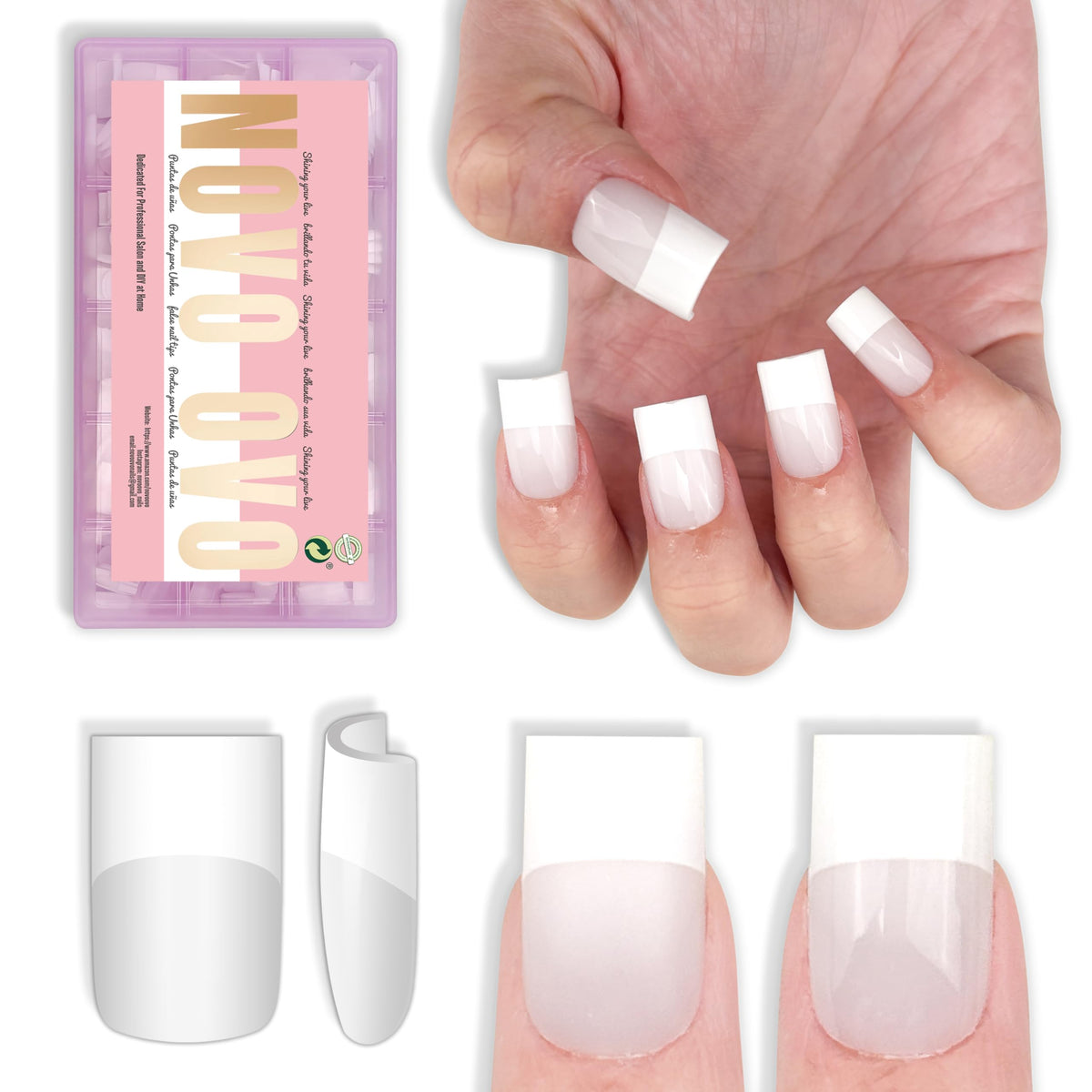 NOVO OVO Short Square Nail Tips 240 pc Milky White front view